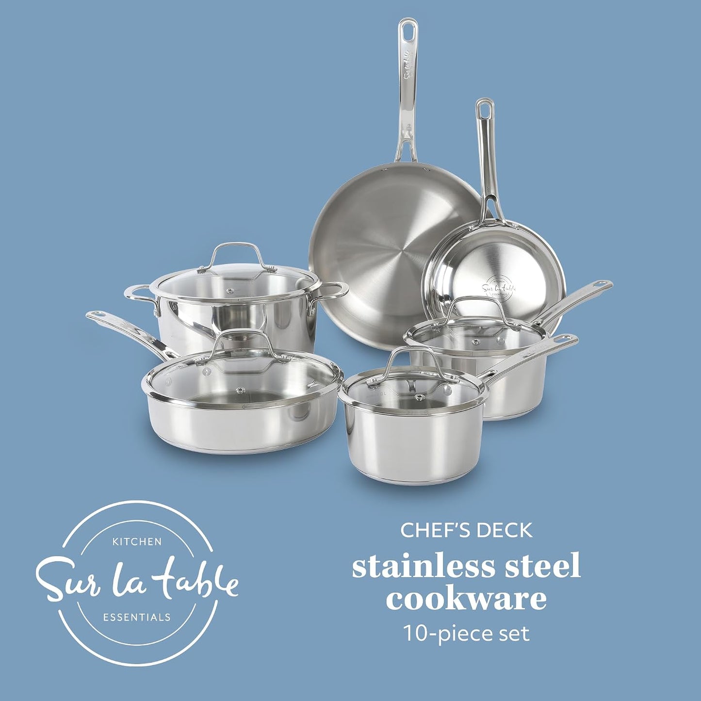 Sur La Table Kitchen Essentials Chef's Deck 10 Piece Stainless Steel Non Toxic Pots and Pans Kitchen Cookware Set w/Trip