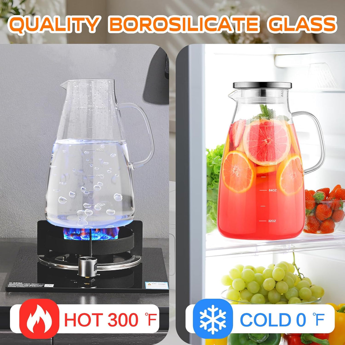 Aofmee Glass Pitcher with Lid and Handle, Glass Water Pitchers, 1 Gallon | Thickened Borosilicate Glass Iced Tea Pitcher, Drip-free Spout, Heat Resistant, Stovetop Dishwasher Safe Jug Jar