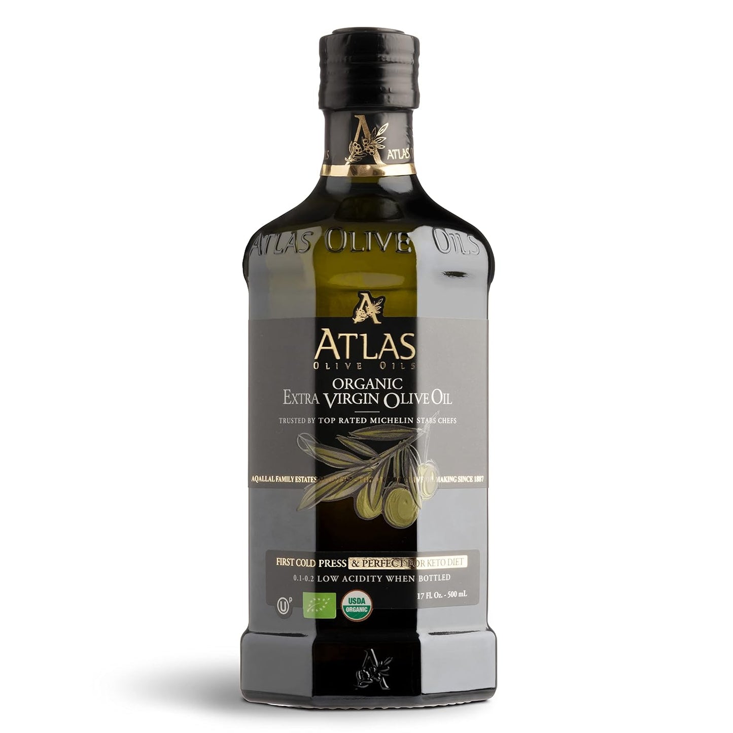 Atlas Organic Extra Virgin Olive Oil, Moroccan, High Polyphenol, 500 mL | Cold Pressed EVOO With High Smoke Point, Trusted By Award-Winning Chefs, One Family Farm, Polyphenol-Rich &amp; Smooth Finish
