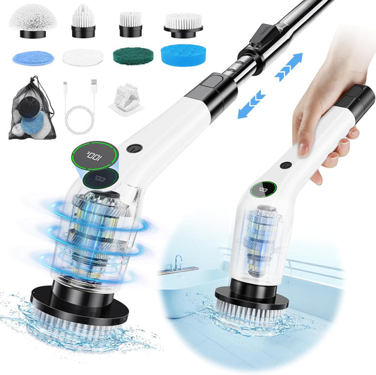 Electric Spin Scrubber, Cordless Shower Scrubber with 8 Scrub Brush, 2 Speed with Adjustable Extension Handle, Battery Level