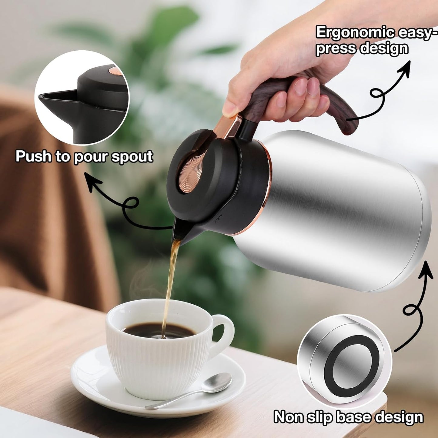 54oz Thermal Coffee Carafe, Stainless Steel Insulated Vacuum Carafe | BPA-Free, Double Wall Vacuum, Keeping Hot for 12 Hours, with Anti-Leakage, Non-Slip Base, Ergonomic Handle, Silver
