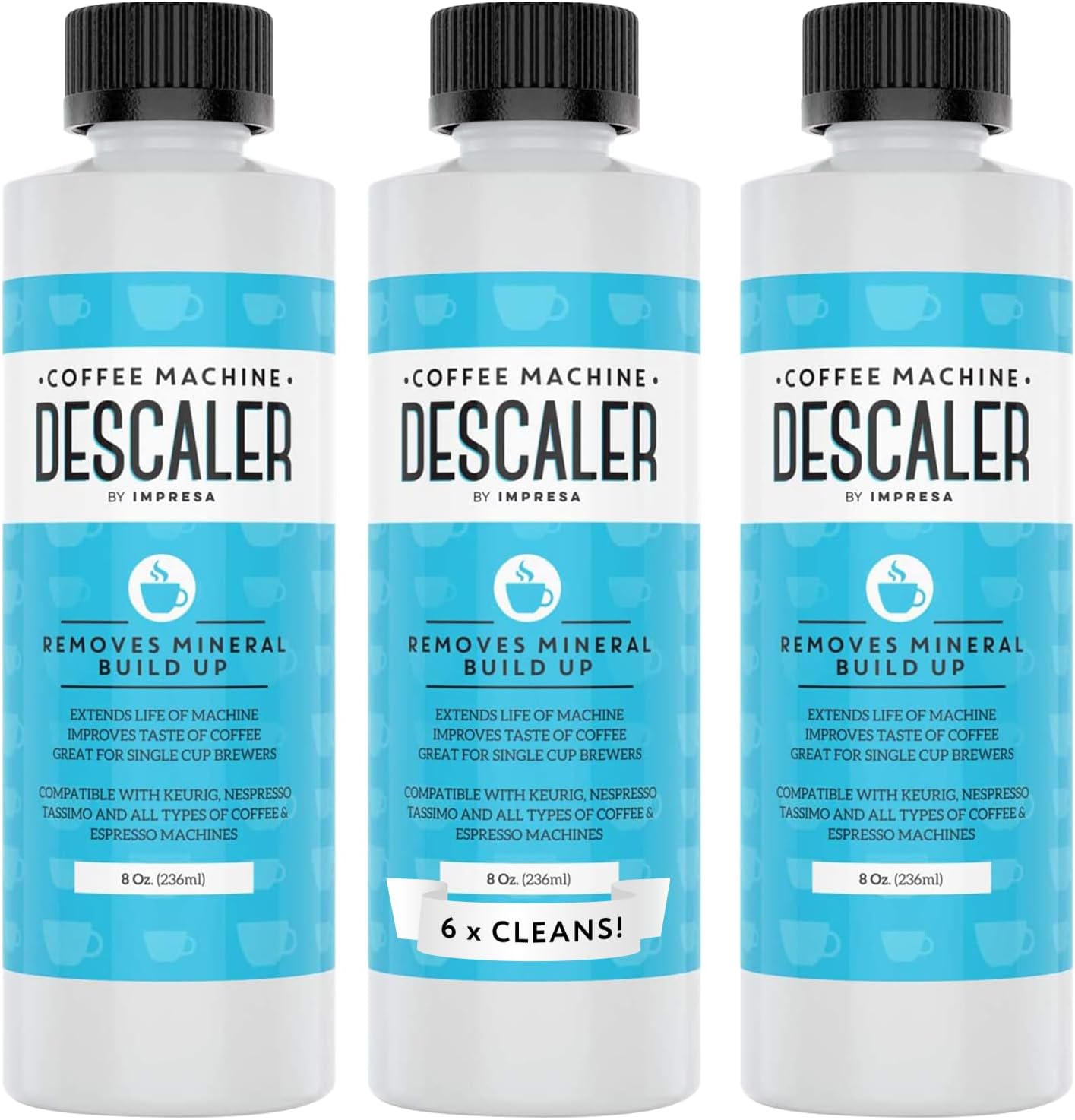 IMPRESA Coffee Machine Descaler - Machine-Safe Formula &amp; Descaling Solution - Universal Descaler for Coffee Maker Compatible with Keurig, Nespresso, Breville &amp; More - 3 Pack, 6 Uses, Made in USA