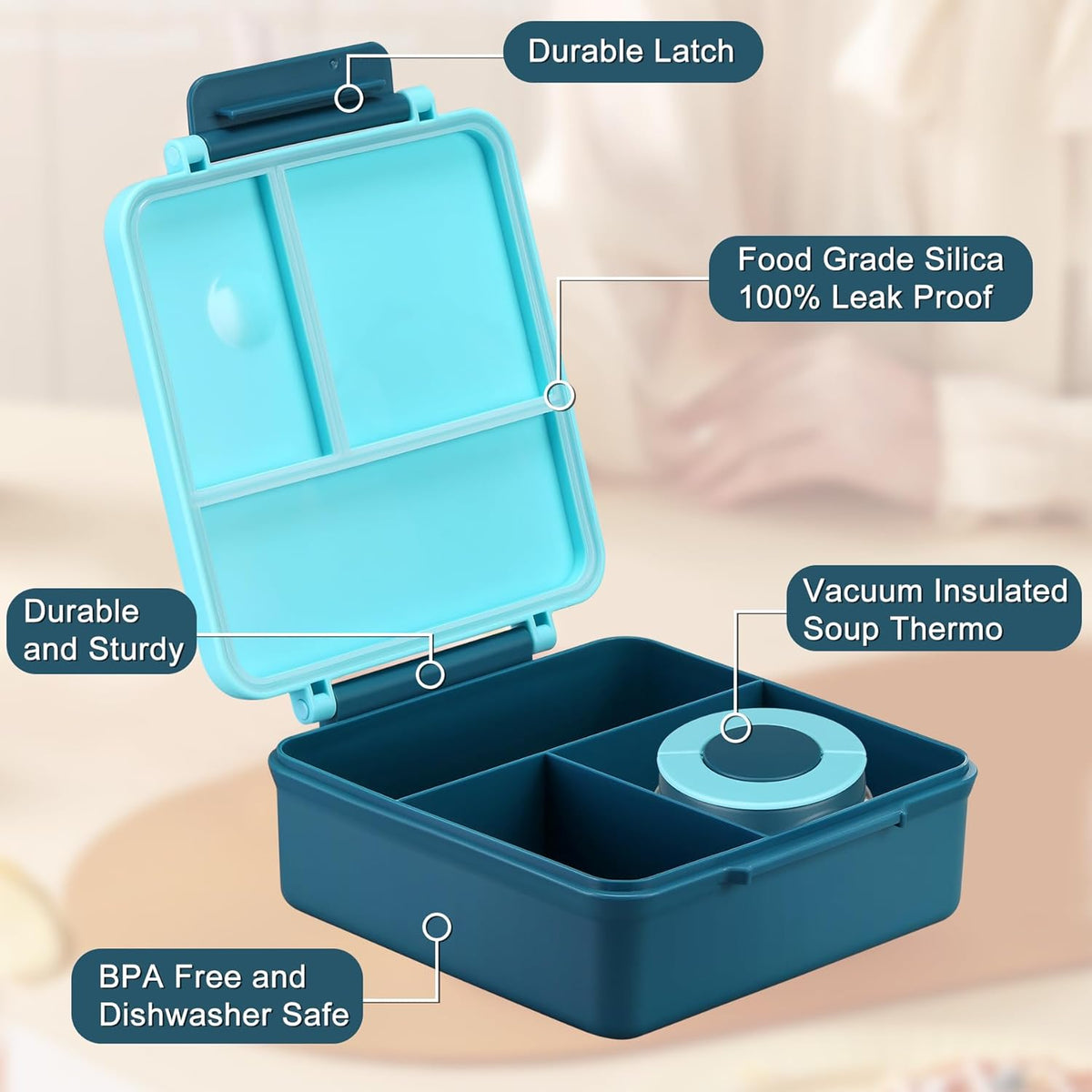 Bento Lunch Box for Kids with 8oz Soup Thermo&Lunch Bag, Leak-Proof Lunch Food Containers with 4 Compartment, Hot Food Insulated Food Jar for Kids School (Blue)