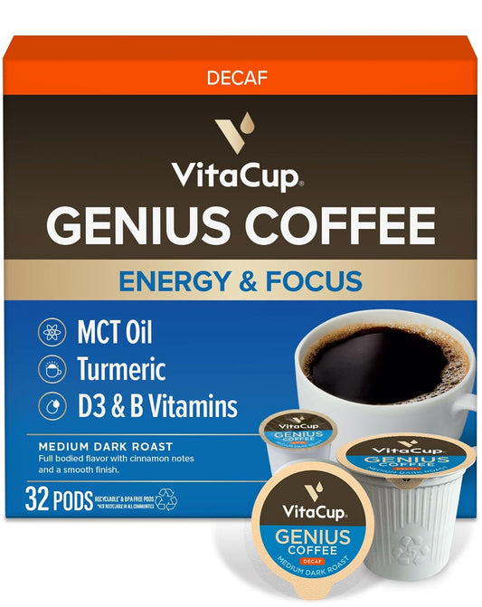 VitaCup Decaf Genius Keto Coffee Pods, 32ct | B Vitamins, MCT Oil, Turmeric