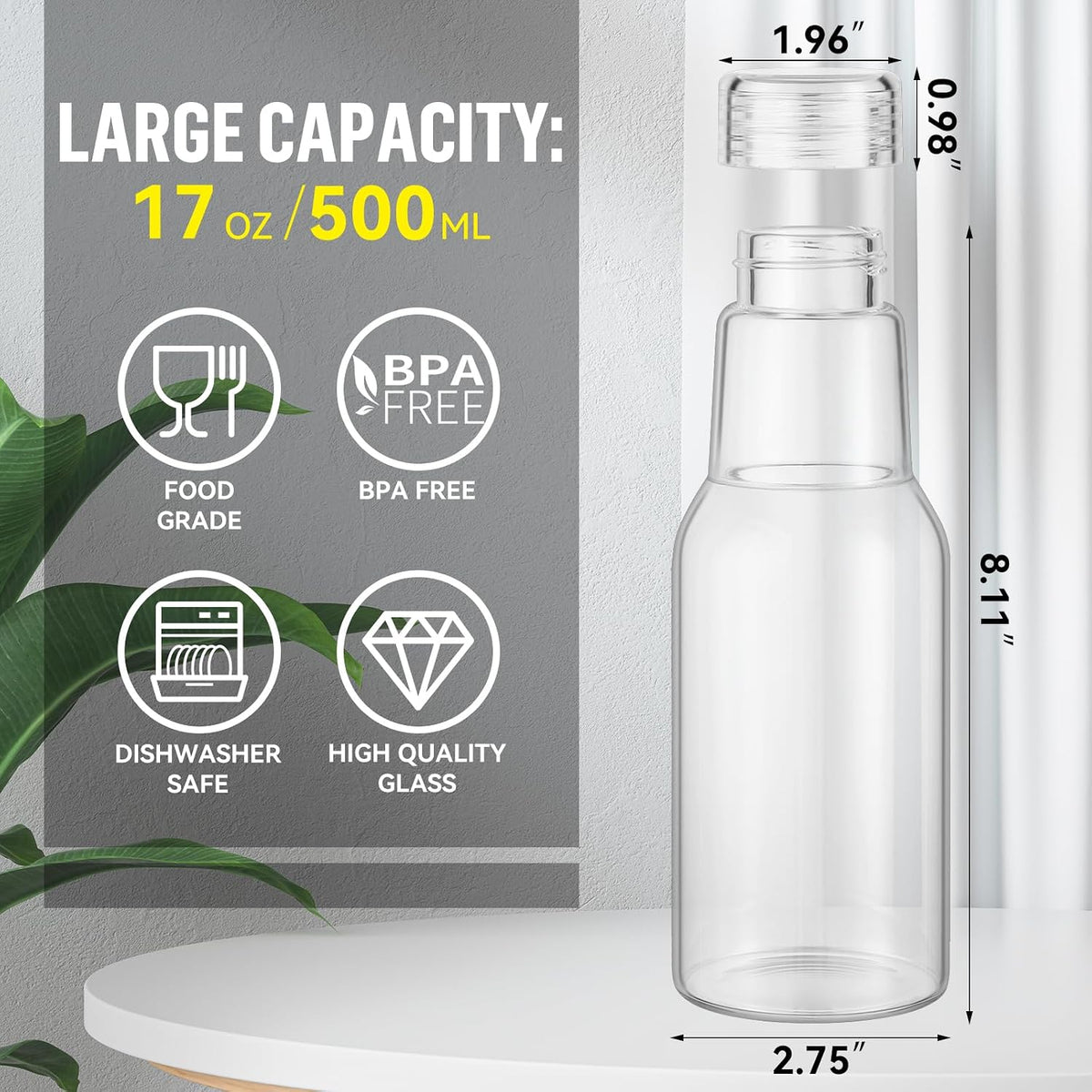 CWHHRN 17 Oz Glass Juice Bottles with Lids, 2 Pack Glass Bottles