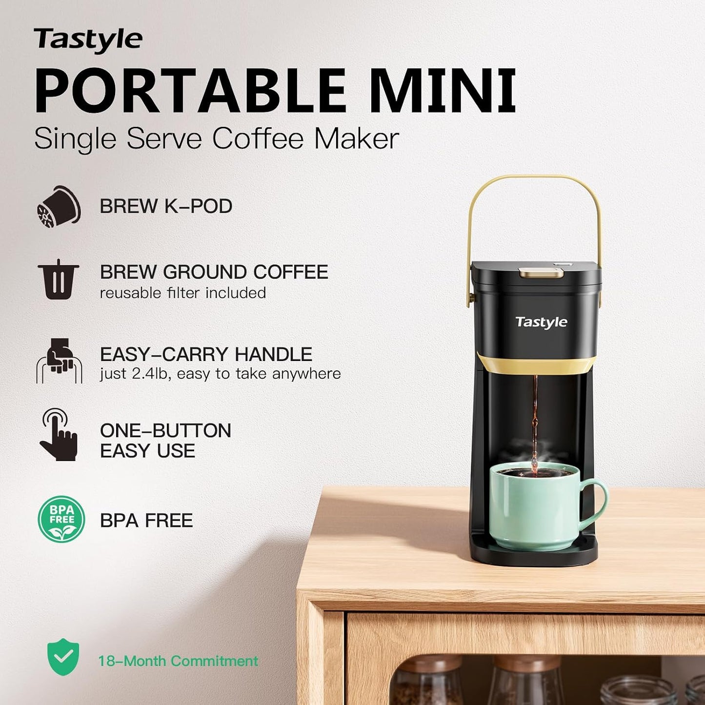 Tastyle Mini Single Serve Coffee Maker for K Cups and Grounds with Handle | for Travel, Camping, Office, RV and Dorm, Portable Handle, 120V, 6 to 12 Oz Brew Size, BPA Free, K302, Black and Gold