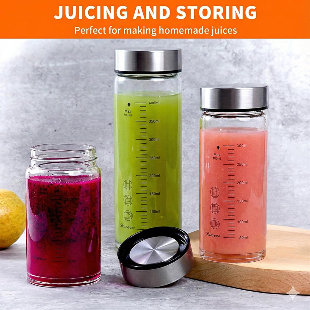 Glass Juice Bottles 4 Pack 12 oz - Wide Mouth Glass Water Bottles with Lids - for Juicing, Protein, Smoothie, Milk, Reusable, BPA Free, Stainless Steel Lids, Blender, Shaker Bottle (12oz/400ml)