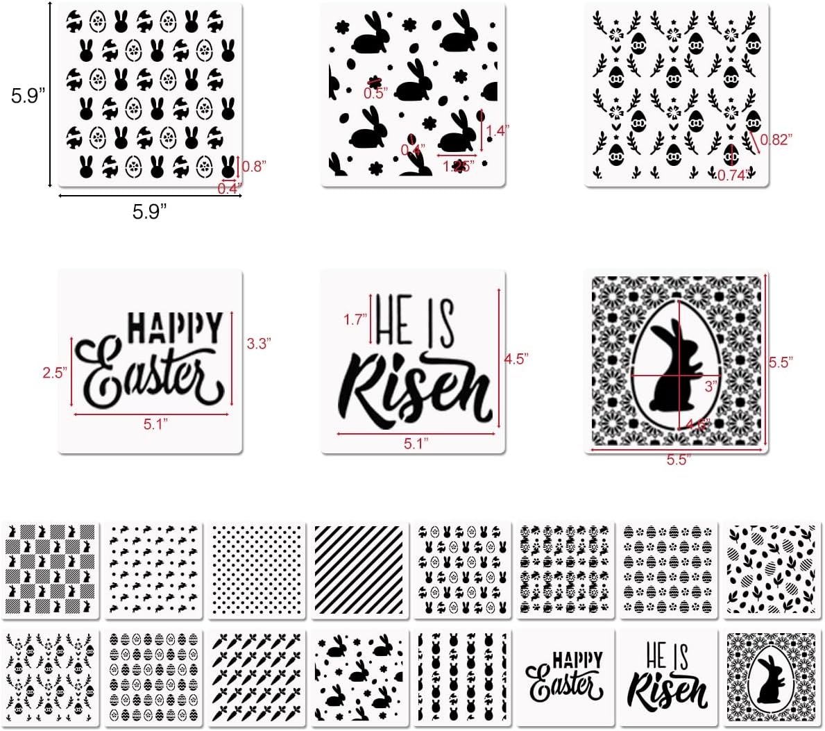 6in Easter Cookie Stencils for Royal Icing, Eggs Carrot Rabbit Face Bunny Shapes, 16 Pcs Assorted Sizes Easter Eggs Stencils for Baking Drawing Dessert Coffee Decoration