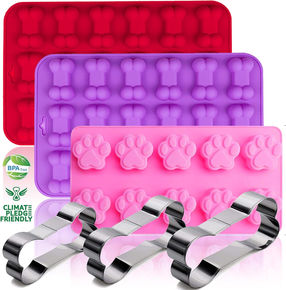 Puppy Dog Paw and Bone Silicone Molds for Baking, Non-Stick, Food Grade Silicone, For Chocolate, Candy, Jelly, Ice Cube, Dog Treats Dog Treat Mold - 6 Pack