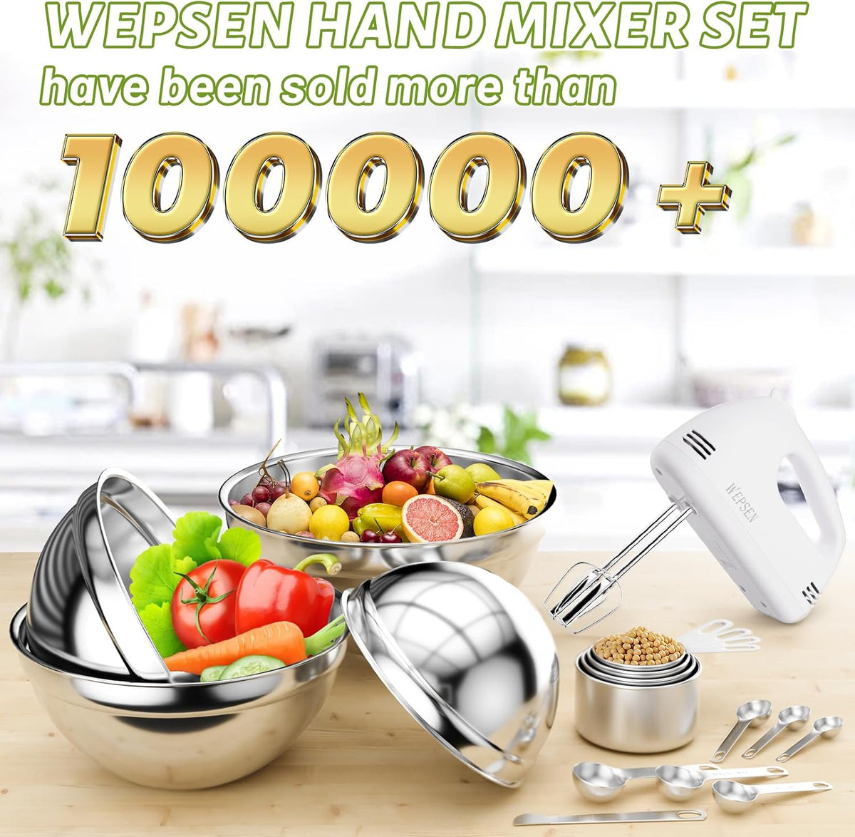 WEPSEN Hand Mixer Electric Mixing Bowls Set, 5 Speeds Handheld Mixer with 4 Nesting Stainless Steel Mixing Bowl, Measuring Cups Spoons 200W Kitchen Blender Whisk Beater Baking Supplies For Beginner