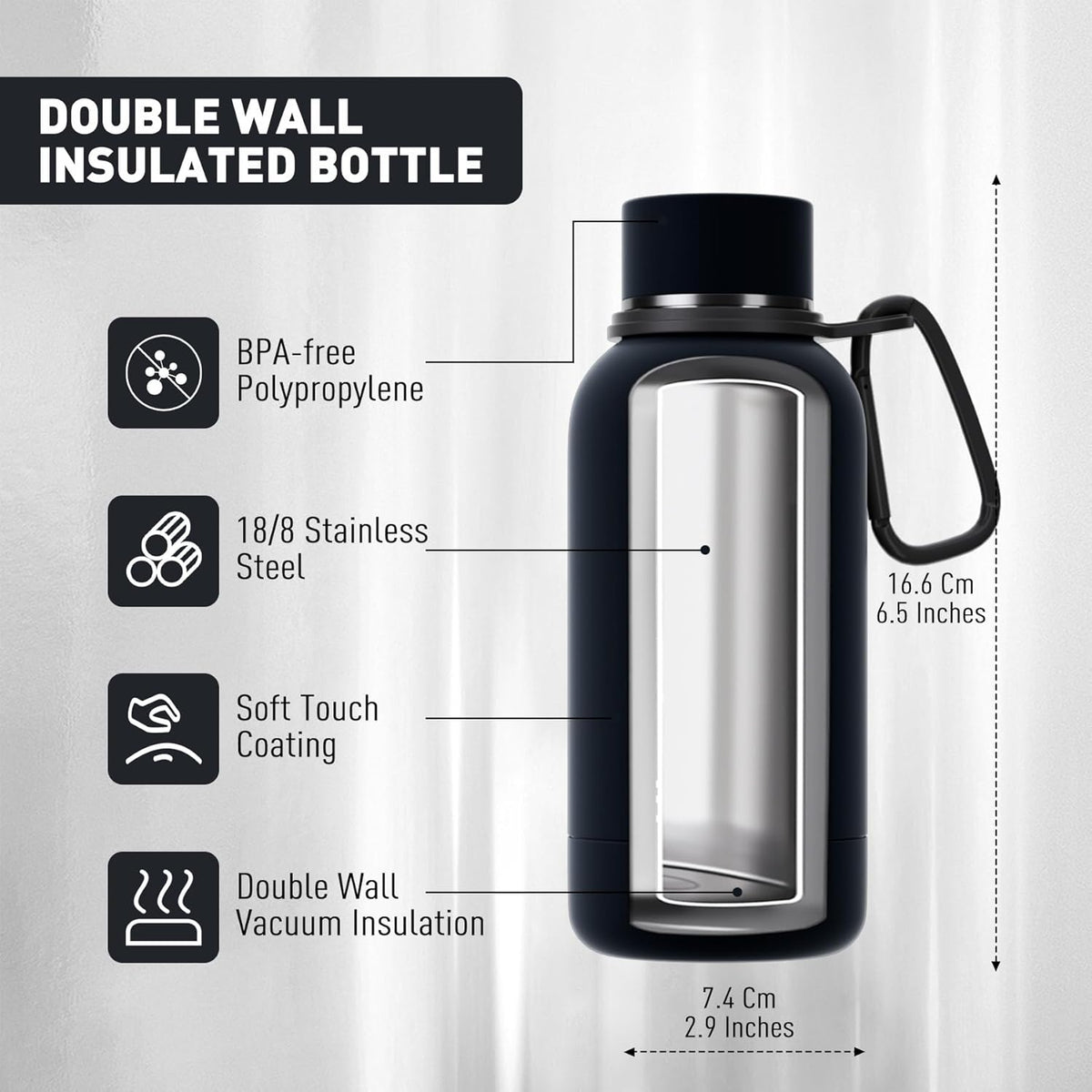 Small Water Bottle 12oz with Clip, Double Wall Stainless Steel Vacuum Small Insulated Water Bottle Keeps Drinks Cold 24 Hrs/Hot 12 Hrs for Kids Handbag School BPA Free (Black)