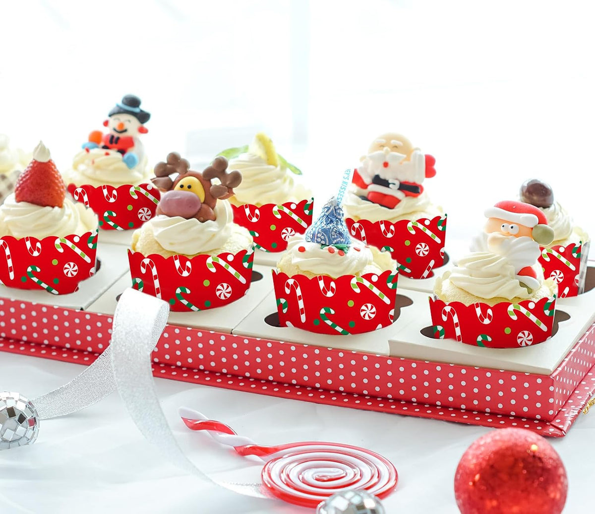 Whaline 100Pcs Christmas Paper Baking Cups Red Green Candy Cane Cupcake Wrappers Scalloped Edge Cupcake Muffin Cases for Xmas Winter Holiday Party Dessert Decoration