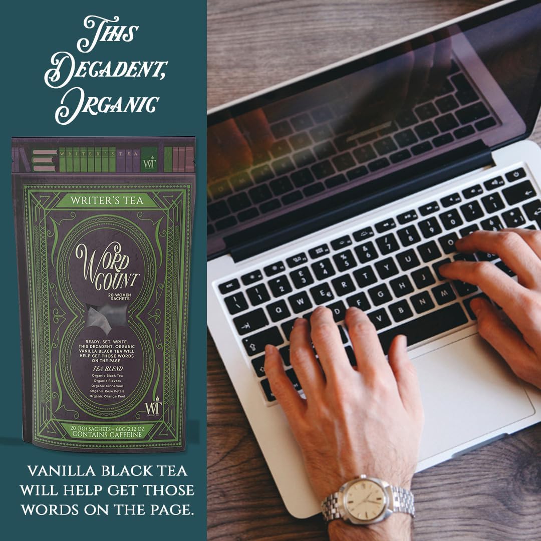 Writer's Tea Word Count - Energy Tea - Black Tea, Flavoring, Cinnamon, Rose Petals, and Orange Peel Tea Blend - Contains