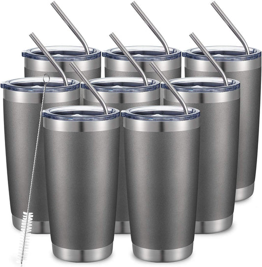 COMOOO 20oz/8Pack Tumbler Double Wall Vacuum Insulated Coffee Travel Mug Stainless Steel Tumbler with Lid and Straw Coffee
