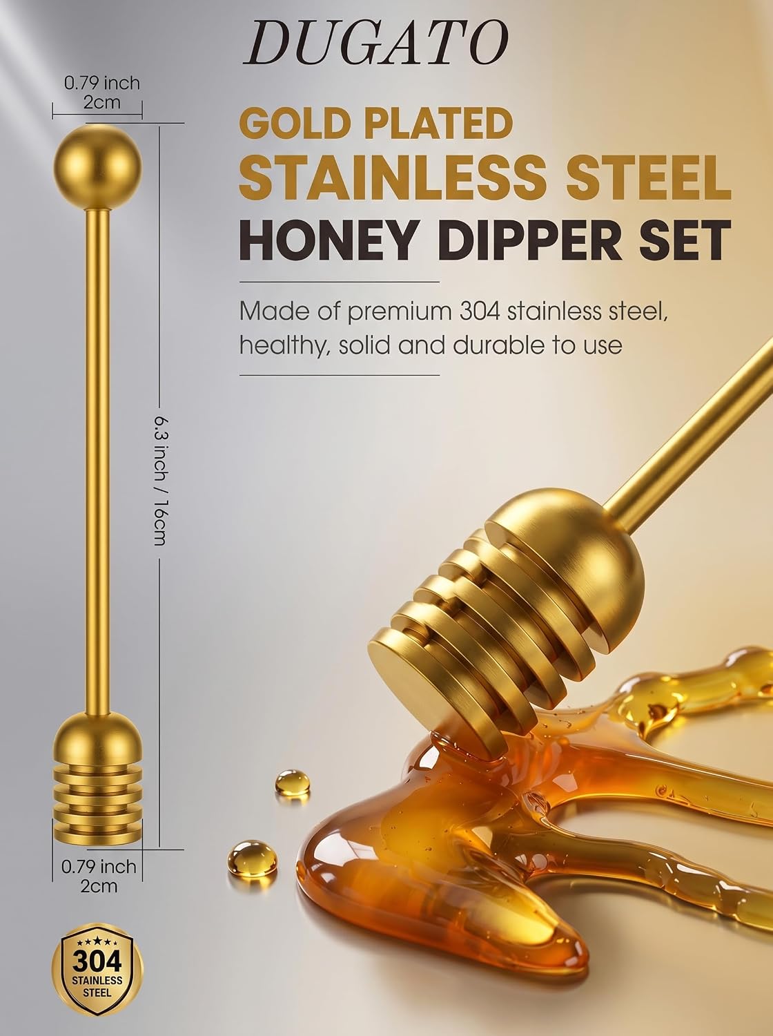 Honey Dipper, 6.3 in Stainless Steel Server Stick, 2-Pack Gold Color | Spiral Honey Dipper Design, Honeycomb Stick for Honey Jar, Syrup Drizzler, Tea Server, Dishwasher Safe Gift Pair