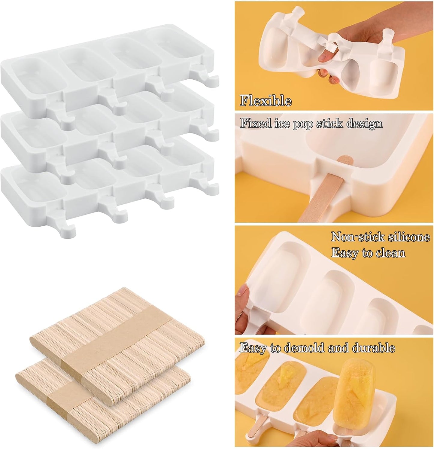 3 Pcs 4 Cavity Mini Popsicle Silicone Molds with 100 Wooden Sticks | Food Grade Silicone, Easy to Use, Oval Homemade Ice Cream Molds for Ice Pop, Cakesicles, Cake Pop