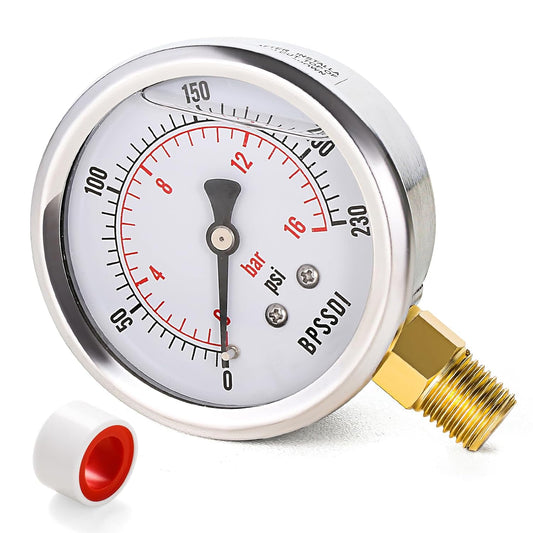 0-230 Psi Glycerin Liquid Filled Pressure Gauge, 2.5" Dial Size, 1/4" NPT Lower Mount, 304 Stainless Steel Case, for Pool