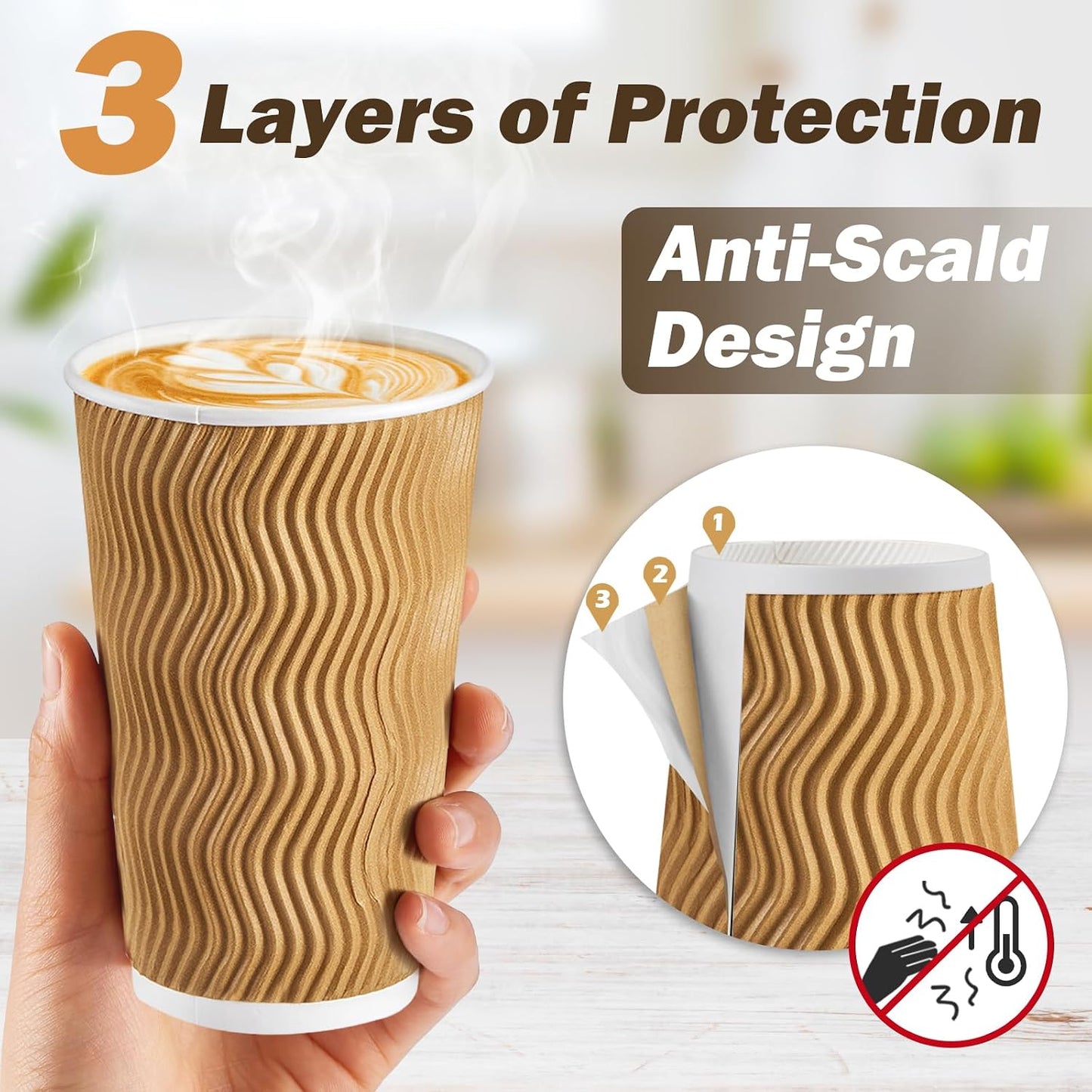SIUQ 90 Pack 16 oz Disposable Coffee Cups with Lids and Straws - Champagne | Insulated Ripple Wall To Go Paper Cups for Hot/Cold Drinks, Coffee, Tea &amp; Chocolate. Ideal for Office, Travel, Parties