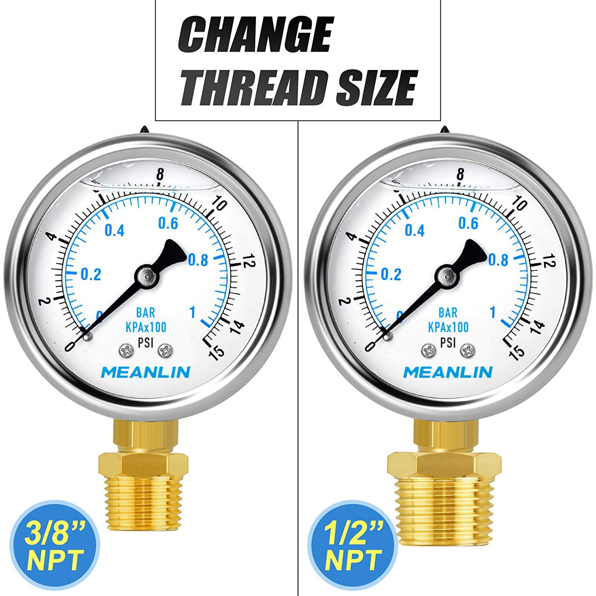 MEANLIN MEASURE 0~15Psi Stainless Steel 1/4" NPT 2.5" FACE DIAL Liquid Filled Pressure Gauge WOG Water Oil Lower Mount, with 1/2" NPT and 3/8" NPT Hex Bushing