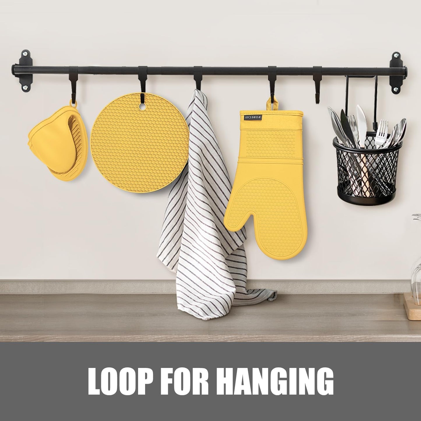 RORECAY Silicone Oven Mitts and Pot Holders Sets, Kitchen Gloves, Yellow | Set of 6 Kitchen Mitts for Baking &amp; Cooking, Heat Resistant 500 ℉, 12.7" Extra Long, Non-Slip &amp; Waterproof, Quilted Cotton