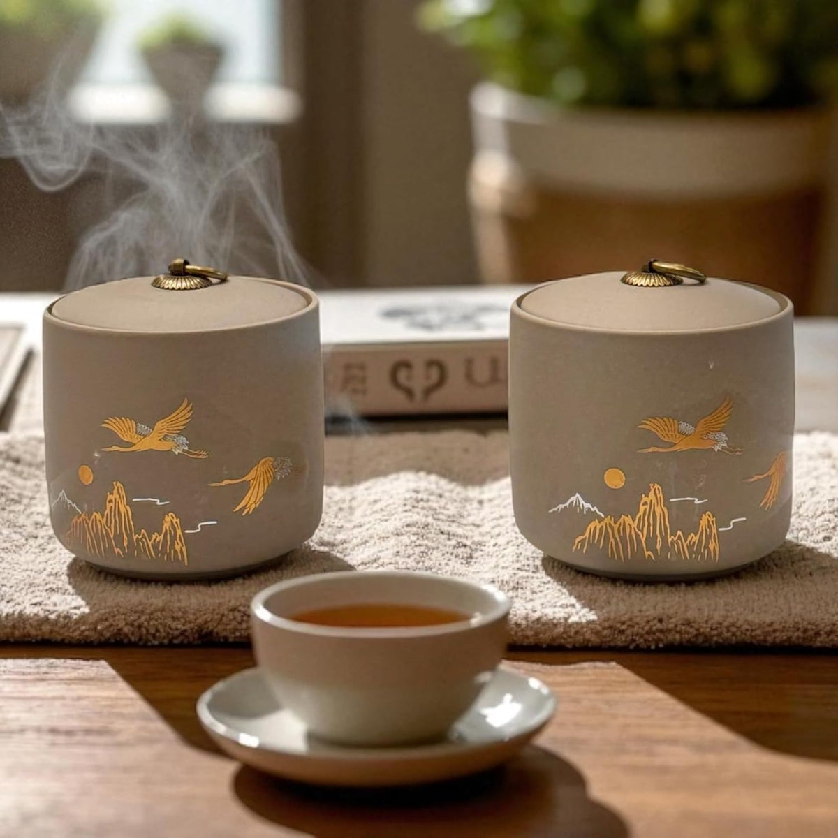 Bare & Balanced Premium Ceramic Tea Canister Set – Handcrafted Storage Jars with Airtight Lids | Crane & Mountain Design | Ideal for Tea, Coffee, Spices | Gift-Ready Box (Light beige)