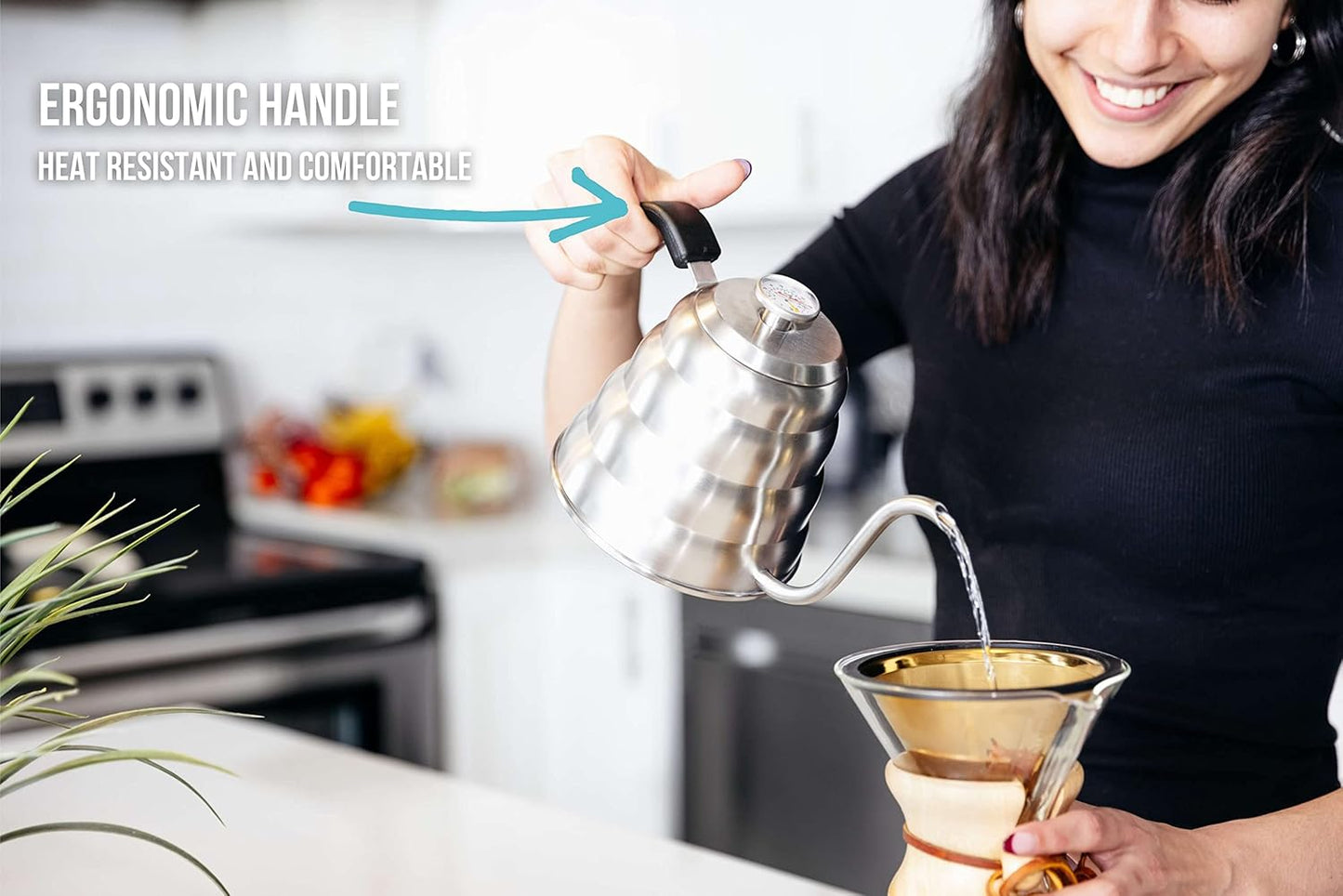 Barista Warrior Pour Over Coffee Kettle with Thermometer for Exact Temperature – Gooseneck Kettle for Pour Over Coffee and Tea, Stainless Steel for All Stovetops (1.0 Liter, 34 fl oz)