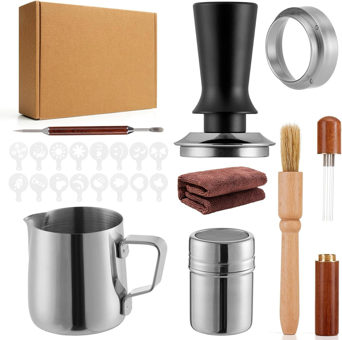 24pcs Espresso Accessories Kit, Espresso Tools Set for Coffee Machine, Spring-Loaded 304 Stainless Steel Base 30lbs Coffee Calibrated Tamper Tools for Enjoying cafes Home Office hotels(53mm)