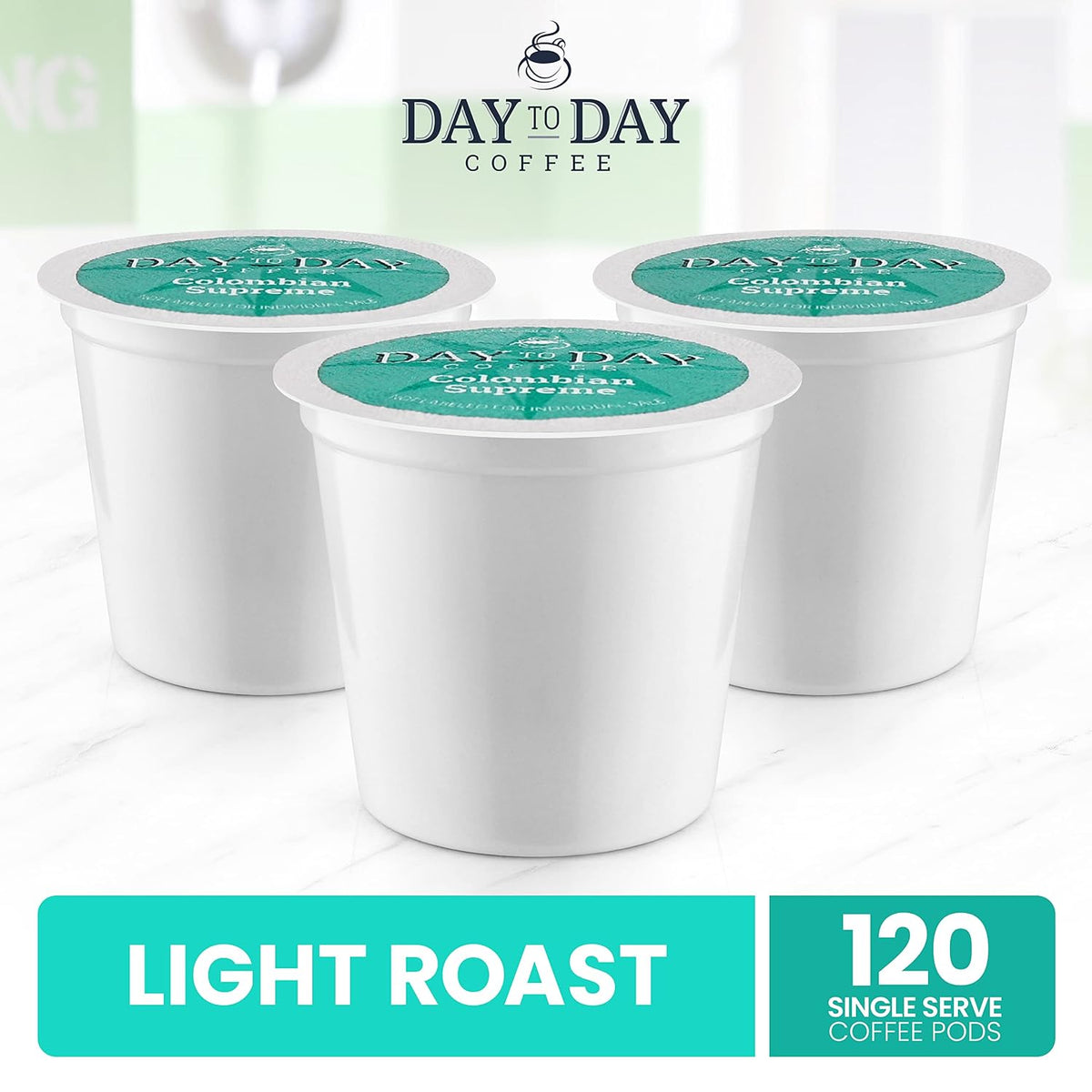 Day To Day Coffee Pods, Colombian Supreme Light Roast, 120 Count | Compatible with Keurig K-Cup brewers. Smooth 100% Colombian light roast single serve pods for daily home and office use.