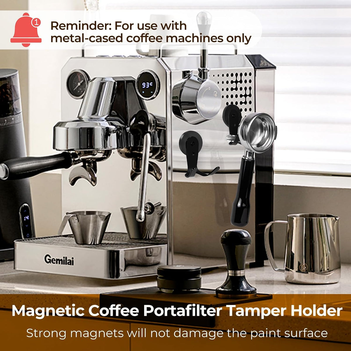 Magnetic Portafilter Holder for Espresso Machine &amp; Metal Wall Surface | Coffee Tamper Organizer Rack, Powerful Magnet, Compatible with Breville, 51mm 53mm 58mm Portafilters, 2 Pack, Black