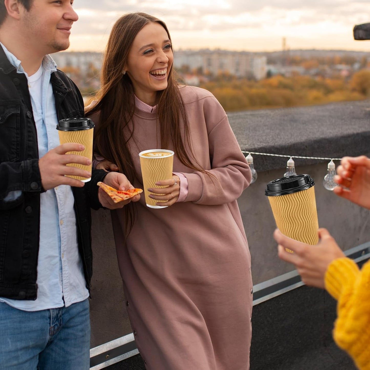 SIUQ 90 Pack 16 oz Disposable Coffee Cups with Lids and Straws - Champagne | Insulated Ripple Wall To Go Paper Cups for Hot/Cold Drinks, Coffee, Tea &amp; Chocolate. Ideal for Office, Travel, Parties