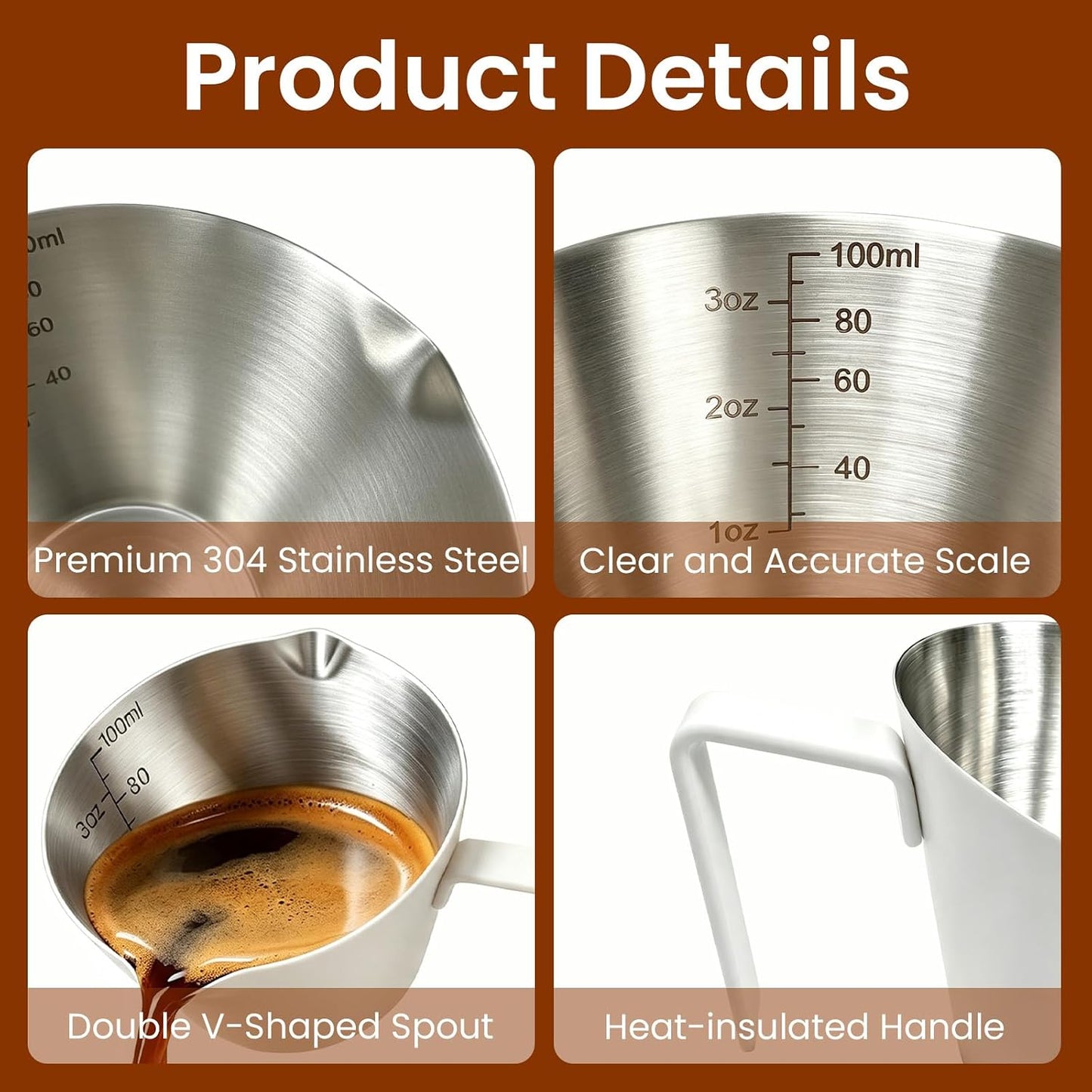 1 Pc Stainless Steel Espresso Shot Cup with Dual Scale, 3.4oz/100ml, White | Double Spout Measuring Cup with Handle, V-Shaped Mouth, Ideal for Espresso Brewing and Coffee Making