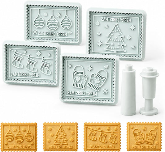 4-Piece 3D Merry Christmas Cookie Cutter and Stamp Set, Plastic