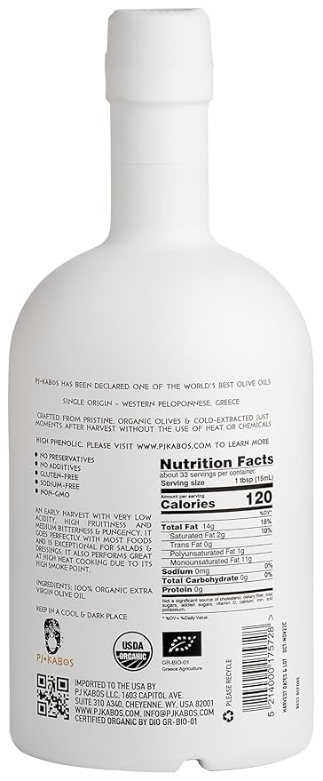 P.J. KABOS 2025 Gold Award Winner, High Phenolic (500+ mg/kg), USDA Organic Greek Extra Virgin Olive Oil, Kosher, Greece, Cold Extracted, 16.9oz, “Family Reserve Organic - Medium”