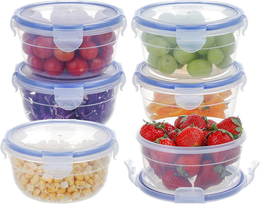 KIGI 6 PACK 10oz Plastic Round Bowls with Lid Airtight Food Storage Container Set Small Meal Prep Containers Bento Box