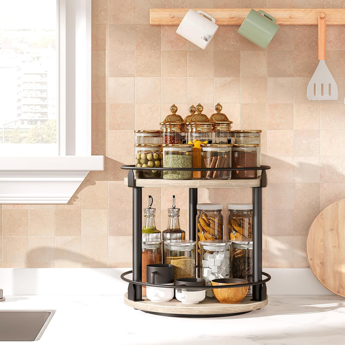 Lazy Susan Organizer, Rotating Spice Rack, 2 Tier Spice Turntable Organizer, Industrial Turntable Spice Holder, for Kitchen Countertop and Cabinet, Compact and Versatile, Greige SR22BG