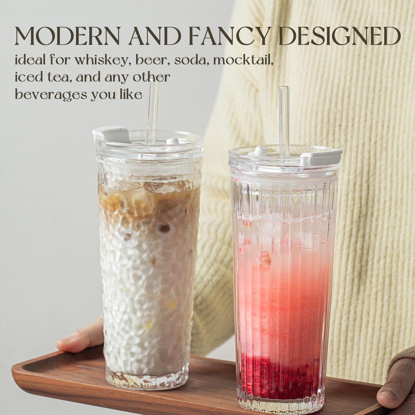 KEMORELA Ribbed Glass Tumbler with Straw and Lid – 18oz Durable Leak-Proof Drinking Cup for Hot and Cold Beverages – Stylish Design, Ideal for Iced Coffee, Smoothies, and More (2PCS-A)