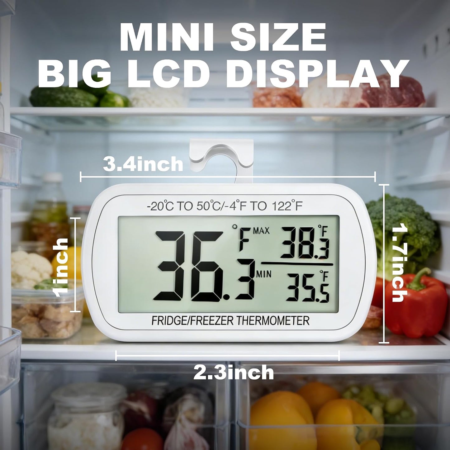 Waterproof Refrigerator Fridge Thermometer, Digital Freezer Room Thermometer, Max/Min Record Function Large LCD Screen and Magnetic Back for Kitchen, Home, Restaurants (2 Pack)