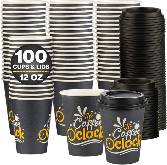 Smygoods Disposable Coffee Cups with Lids, To Go Paper Hot Cups, Coffee O'Clock Design (12 OZ, 100 Count) For Hot Beverages,