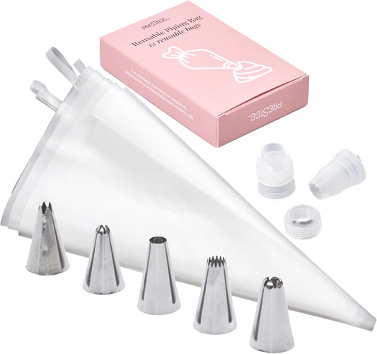 Prestee Reusable Piping Bags and Tips Set - 5 TPU 12-Inch Piping Bags with 5 Metal Icing Tips and 2 Couplers - Flexible and