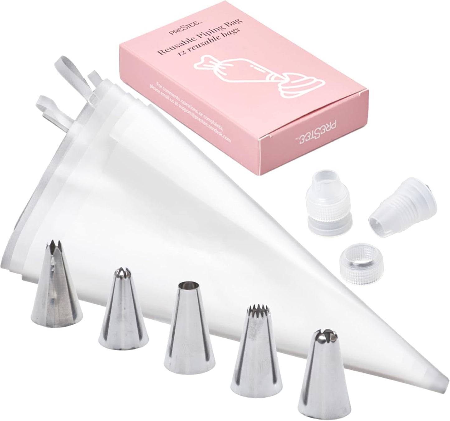 Anti Burst Piping Bags 12 Inch - Prestee Tipless Icing Bags - Durable Frosting Piping Bag Tools - Pastry and Cookie Decorating Supplies (5 Piping Bags with Tips and Couplers)