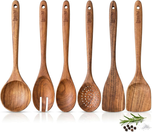 Boxiki Kitchen Luxury Teak Wood Utensil Set - Elegant 6-Piece Cooking Ensemble Including Spoons, Server, Scraper &amp; Spatula - Expertly Crafted for Culinary Excellence