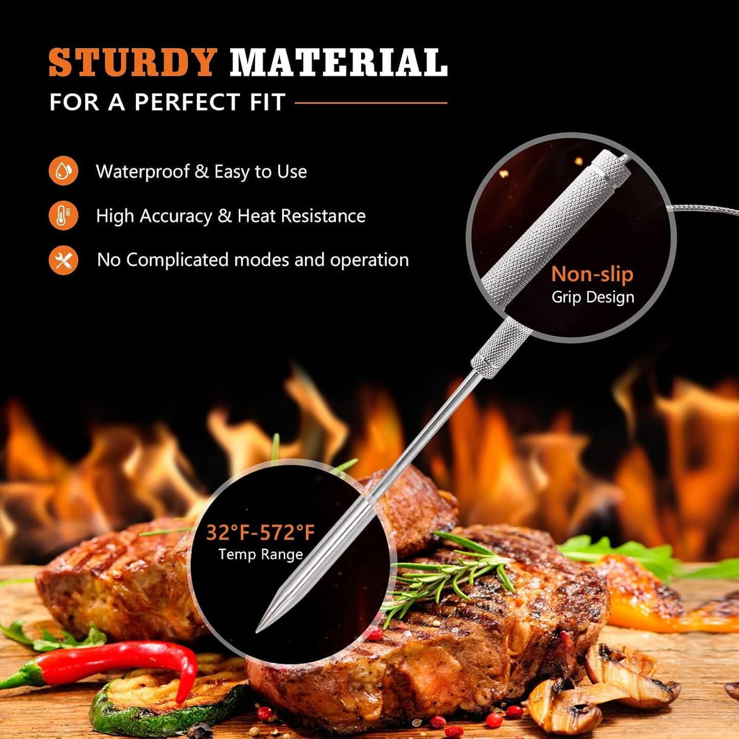 Meat Probe Replacement for Thermopro Thermometer TP04 TP06 etc, 2.5mm Plug | With 2 Clips, Steel Mesh Cable, Non-Slip Grip, Temp Range 32°F-572°F, 304 Stainless Steel, Plug &amp; Play, Waterproof Probe Tip