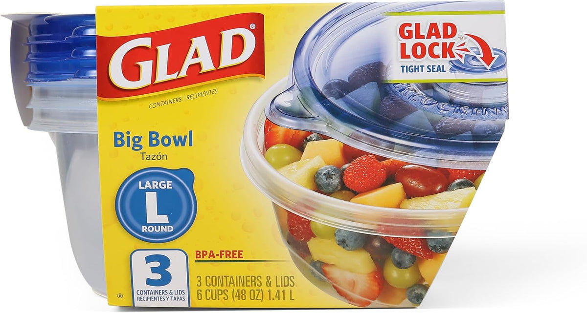 Glad Big Bowl Food Storage Containers, Large Round - (48 Oz) - 3 Count, Standard
