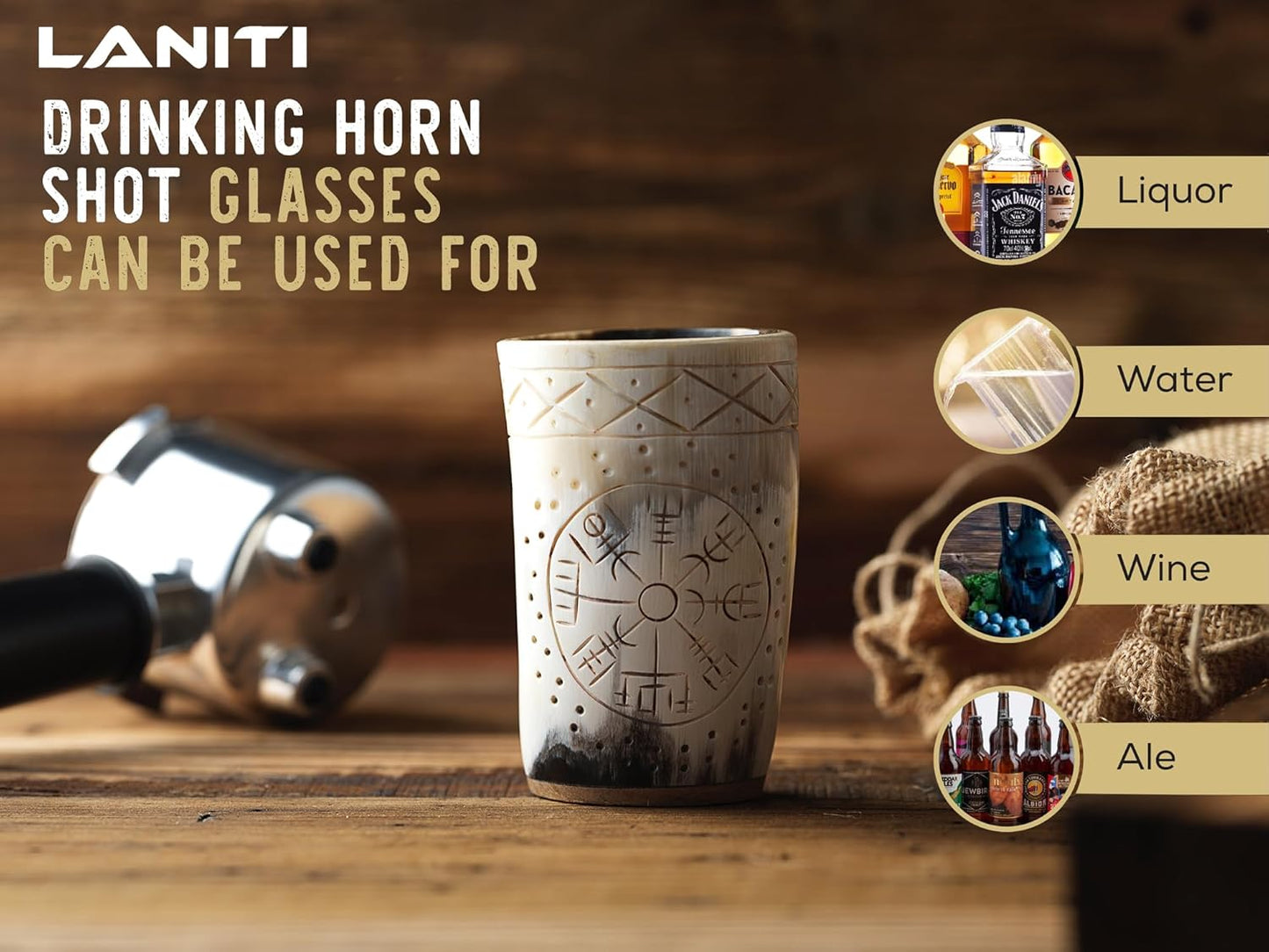 Ox Horn Shot Glass Set of 4 – Handcrafted Viking Cups with Unique Engraved Design – Cool Norse Horn Shot Glasses for Ancient Age Whiskey