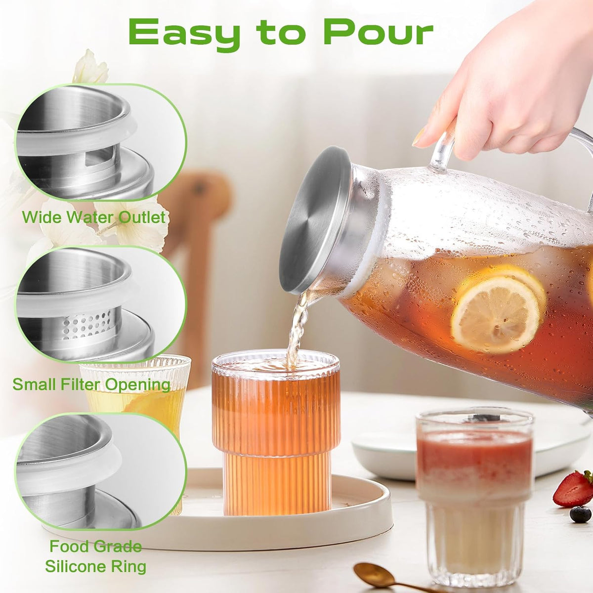 Glass Pitcher with Lid, ZBUFAN 68oz/2 Liter Glass Water Pitcher with Handle and Lid, Anti-Slip Base Juice Jug for Ice Tea, Sun Tea, Sangria, Lemonade Fridge Pitchers for Drinks Green