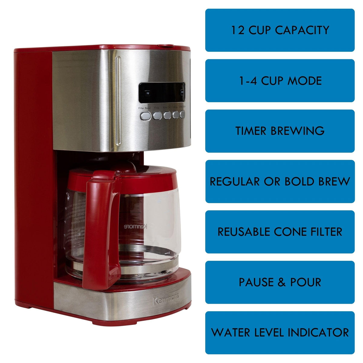 Koolatron Kenmore 12-Cup Coffee Maker, Glass Carafe, Cafetera Programable, Red