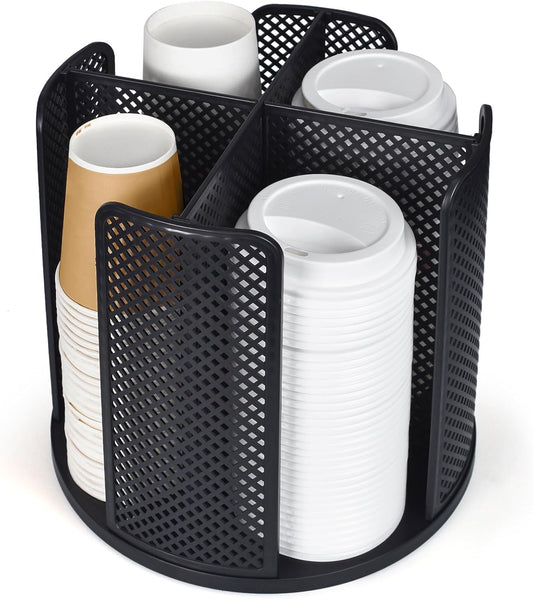 Cup and Lid Organizer, 360° Rotatable Coffee Cup Holder for Disposable Plastic and Paper Cups of 5 to 16 oz, 4 Compartments