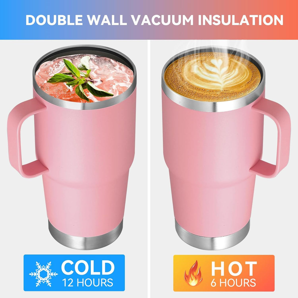 VEGOND 20 oz Tumbler with Handle Lid and Straw, Stainless Steel Insulated Travel Coffee Mug Spill Proof Double Wall Metal Tumbler Cup Keeps Drink Hot and Cold, Pink 1 Pack