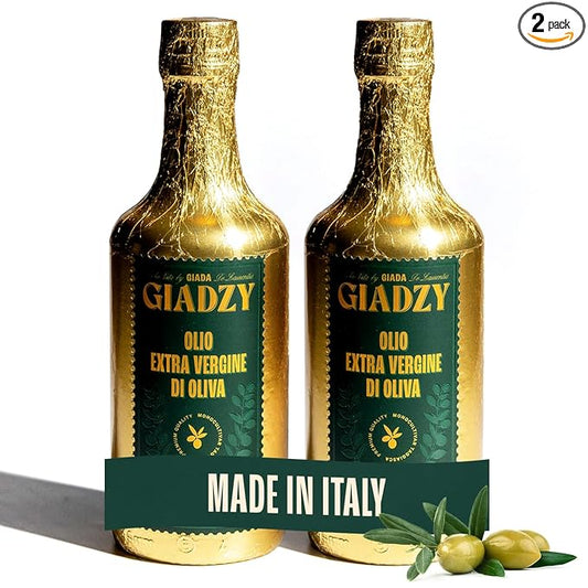 Giadzy by Giada de Laurentiis 2 Pack Olive Oil Extra Virgin - Premium Unfiltered Cold-Pressed Italian Olive Oil, Gold Wrap,