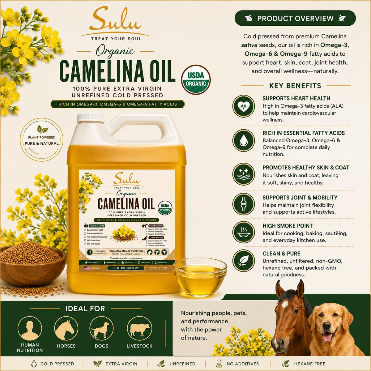 100% Pure Extra Virgin USDA Organic Unrefined Cold Pressed Camelina Seed Oil 1 Gallon (128 FL.OZ)-Great oil for Cooking